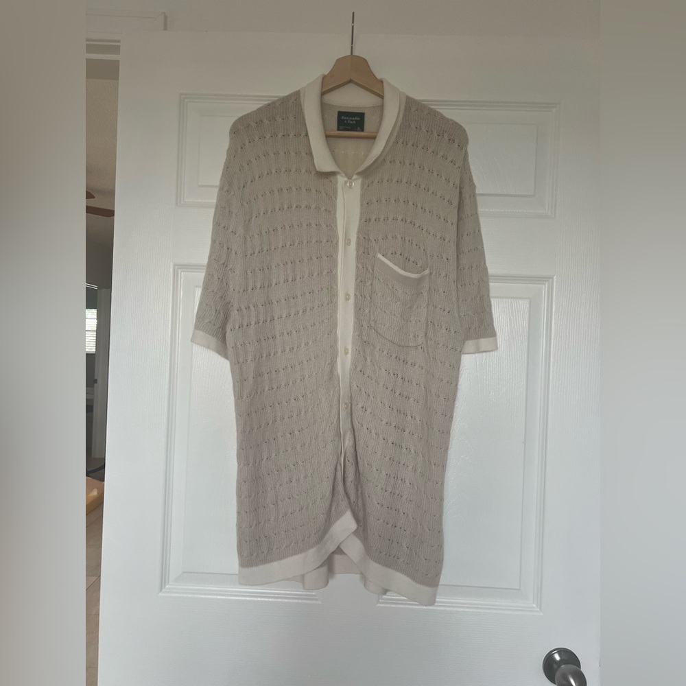 Abercrombie & Fitch Getaway Tonal Swolo Polo Sweater Mens XL Beige Crochet Cardi